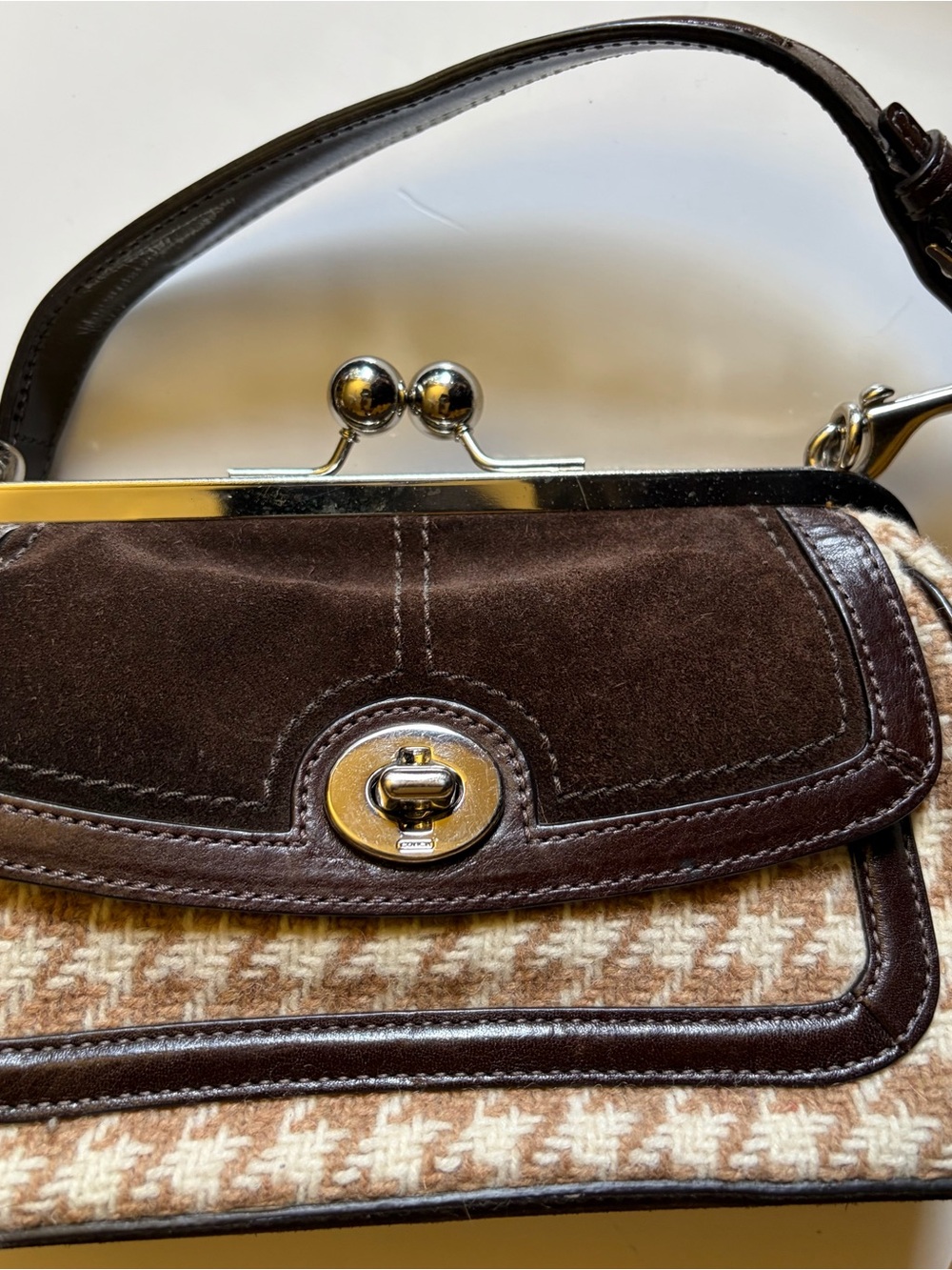 Coach Brown Suede & Houndstooth Shoulder Bag with Silver Hardware